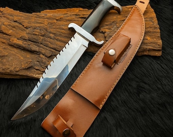 Handmade Rambo Bowie Knife: D2 Steel Blade, Bull Horn Handle, Leather Sheath