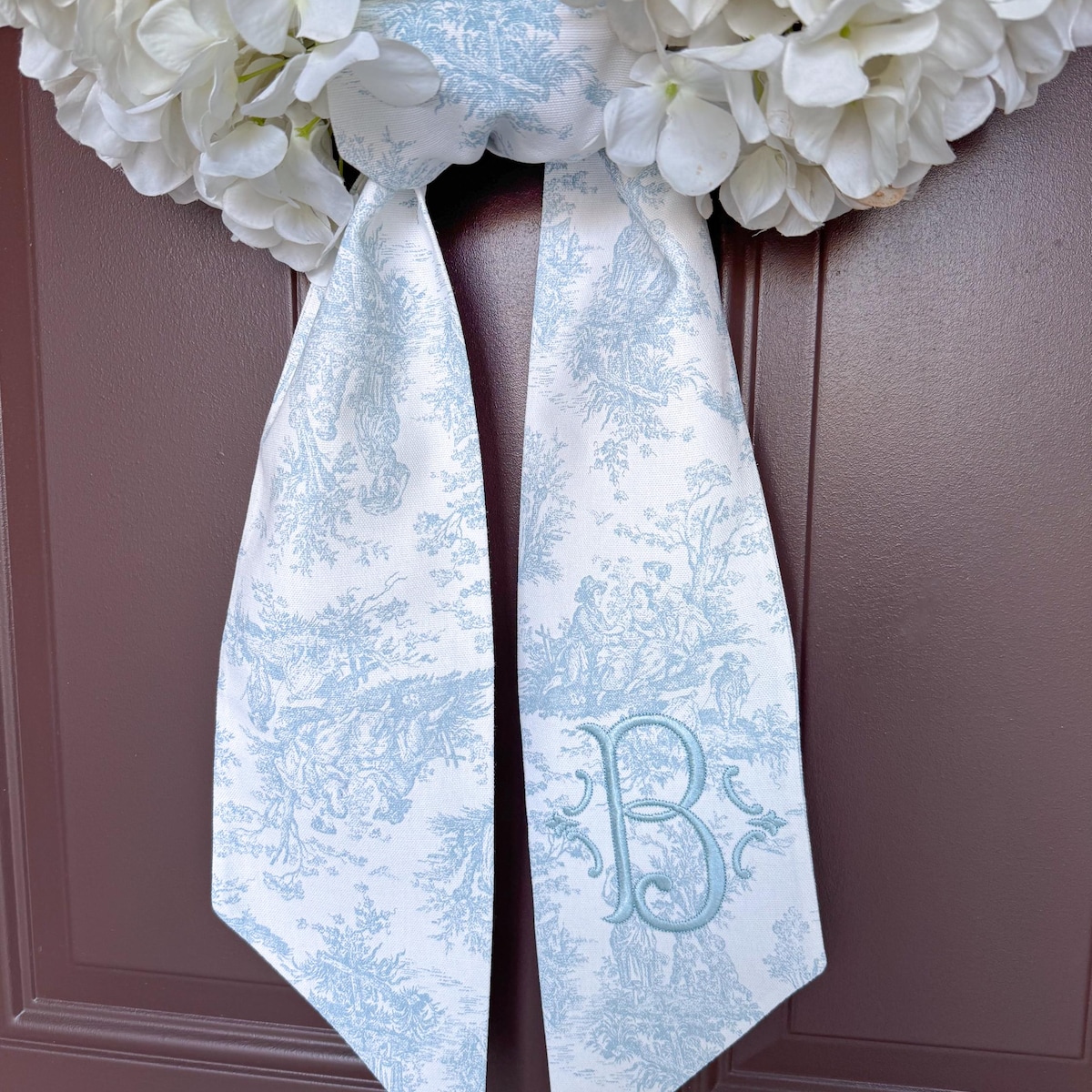 Light Blue French Toile Embroidered Wreath Sash With Classic Solid Initial Monogram || Custom Front Door Home Decor Handmade Sash Bow - Etsy