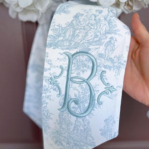 Light Blue French Toile Embroidered Wreath Sash with Classic Solid Initial Monogram || Custom Front Door Home Decor Handmade Sash Bow