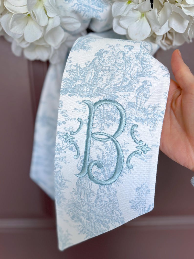 Light Blue French Toile Embroidered Wreath Sash with Classic Solid Initial Monogram || Custom Front Door Home Decor Handmade Sash Bow