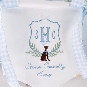Custom Doberman Pinscher Dog Baby Hospital Banner | Embroidered Birth Announcement | Nursery Door Sign | Baby Shower | Bassinet Crib Decor