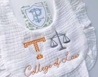 Embroidered University of Tennessee College of Law Baby Bib | Ruffle Muslin Gift