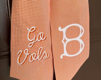 Orange Gingham Checkered Tennessee Football Embroidered Wreath Sash with Classic Solid Initial Monogram || Custom Front Door Home Decor