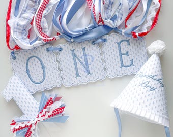 Red White and Blue 1st Birthday Decor Set | Blue Swiss Dot Banner & Cake Topper Airplane Theme