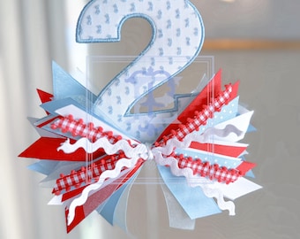Red White & Blue Custom Heirloom Number Birthday Cake Topper with Ribbon | Embroidery Fabric Party Decor