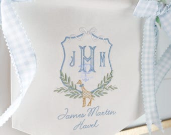 Banderole brodée personnalisée bébé girafe | faire-part de naissance | Accroche-porte | Décoration de chambre d'enfant monogramme