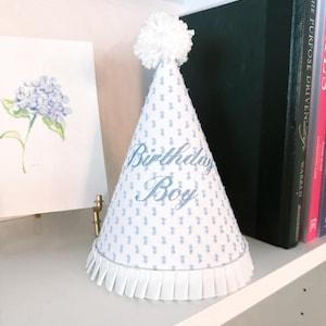 Blue Swiss Dot Custom Heirloom Birthday Party Hat with Pom | Embroidery Fabric Party Decor | Classic Birthday Decoration