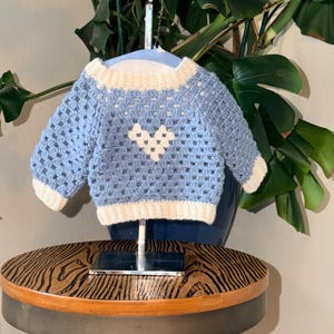 Handmade Merino Blend Crochet Baby Sweater/Jumper with Heart Motif