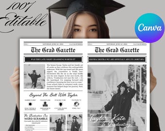 Modello di giornale per la cerimonia di diploma della classe 2026 con foto, annuncio di diploma verde per ragazzi e ragazze, stampabile digitale modificabile con Canva.