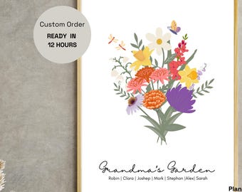 Custom Birth Flower Family Bouquet Print, Mothers Day Gift for Grandma, Birth Month Flower Art,Minimalist Home Decor, Personalised gift