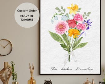 Birth Month Flower Gift for Mom - Custom Watercolor Birth Flower Print, Personalized Family Bouquet
