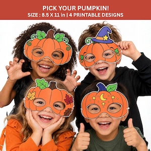 Peut inclure: Quatre masques de citrouille imprimables avec des motifs orange, des feuilles vertes, un chapeau de sorcière violet, des feuilles d'automne et des étoiles. Le texte indique PICK YOUR PUMPKIN! SIZE: 21,59 x 27,94 cm | 4 PRINTABLE DESIGNS.