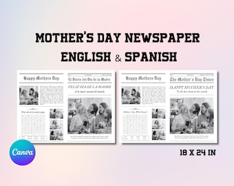 Editable Mothers day newspaper template, Personalized Mother's Day Gift, Printable Mother's Day Card, Flower Insert: English & Spanish