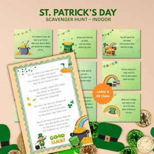 May include: St. Patrick's Day indoor scavenger hunt game with clues and a pot of gold illustration. Includes a letter with 20 clues, green leprechaun hats, and gold coins. Perfect for a fun holiday activity.