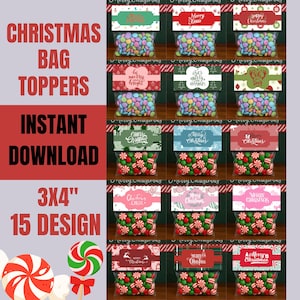 Puede incluir: Una colección de adornos para bolsas navideñas con varios diseños, incluyendo textos como "Merry Christmas" y "Be Merry & Bright". La imagen también presenta bolsas llenas de caramelos coloridos y bastones de caramelo. El texto "Christmas Bag Toppers" e "Instant Download" también son visibles.