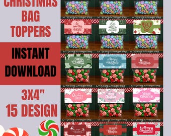 Christmas Bag Toppers 3 Inches, 15 Printable Christmas Treat Bag Toppers, Christmas Party Favor Bag Toppers, Christmas Candy Bag, Goody Bags