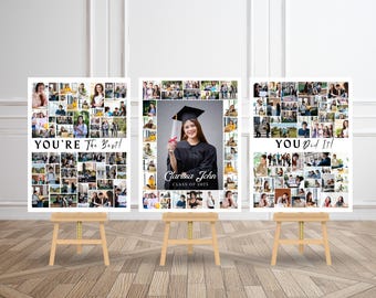 May include: Three graduation photo displays on wooden easels. Each display features a collage of photos with text: "YOU'RE The Best!", "Clarissa John CLASS OF 2025", and "YOU Did It!" The displays are in a room with a wooden floor.