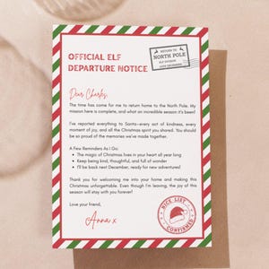 May include: A Christmas-themed letter with a red and green striped border. The letter, addressed to Charles, is an "Official Elf Departure Notice" and includes a "Nice List Confirmed" stamp and a "Return to North Pole" stamp.