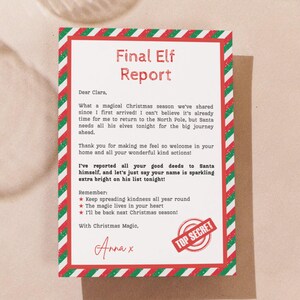May include: A festive Christmas-themed card with a red and green striped border. The card reads "Final Elf Report" and includes a handwritten message, a "Top Secret" stamp, and a signature. The card is on a neutral background.