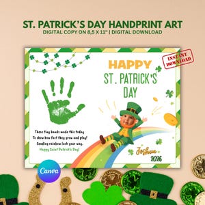St. Patrick's Day handafdruk kunst gedicht sjabloon, kinderhandafdruk ambacht en foto, kabouter gezichtsactiviteit toevoegen, aandenken voor kleuters, canva