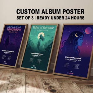 May include: Three framed custom album posters. The posters feature colorful illustrations with text. The text includes "Echoes of Tomorrow", "Tides of Reverie", and "Stardust Echoes". The frames are a light brown color.