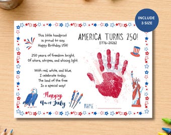 250th Anniversary Handprint Craft, USA 250th Anniversary, 4th of July Handprint Art, America 250 Posters, Red White and Blue Craft