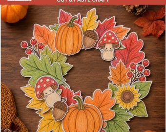 Build A Fall Wreath Craft For Kids,Printable Fall Thanksgiving, Autumn Coloring Cut and Paste Activity,Classroom Door Decoration Art Project