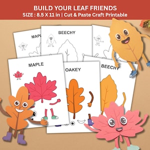Può includere: Un set di lavoretti da ritagliare e incollare intitolato BUILD YOUR LEAF FRIENDS, che misura 21,59 x 27,94 cm. I fogli presentano contorni di foglie di acero, faggio e quercia con volti, braccia e gambe da cartone animato e personaggi.