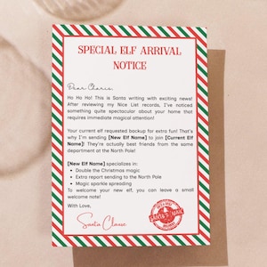 May include: A Christmas-themed letter with a red and green striped border. The text reads "Special Elf Arrival Notice" and is signed by Santa Claus. The letter details the arrival of a new elf and their specializations.