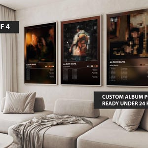 May include: A set of four framed album art posters. Each poster displays pixelated artwork, album and artist name, and a tracklist. The posters are hung above a modern sofa. Text on the image reads "CUSTOM ALBUM POSTER READY UNDER 24 HOURS."