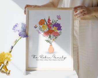 Family Birth Flower Bouquet Gift | Personalized Birth Month Flower Print | Grandma’s Garden Wall Art | Gift for Mother’s Day