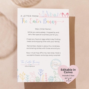Op de afbeelding: Een brief van de Paashaas op wit papier met een bruine envelop. De brief heeft een kleurrijk ontwerp met Pasen-thema illustraties en tekst. De tekst bevat "Beste, [Naam invoeren]" en "Vrolijk Pasen". Inclusief 2 formaten: 21,6 cm x 28 cm en 12,7 cm x 17,8 cm.