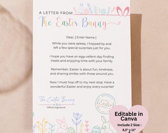Modello di lettera con coniglietto pasquale modificabile, lettera di Pasqua stampabile, lettera con coniglietto personalizzata, stampabile di Pasqua per bambini, download modificabile da Canva