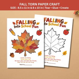 Peut inclure: Deux feuilles de papier blanc intitulées FALLING Into School Fun aux dimensions 21,6 x 27,9 cm et 20,3 x 25,4 cm. Une feuille montre une feuille d'érable remplie de morceaux de papier déchirés, un crayon, une pomme et un gland.