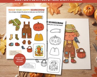 Build a Scarecrow Printable Craft, 3D Fall Cut & Paste Activity for Kids | Autumn Classroom | Bulletin Board Craft | Instant Download