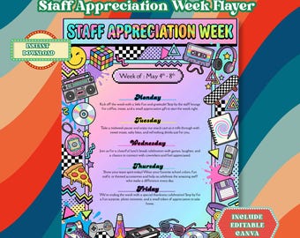 90's Staff Appreciation Week Flyer | Editable Canva Template | Digital Teacher Appreciation Week Poster | School Staff Schedule Printable