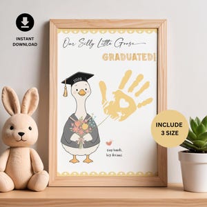 May include: A framed print featuring a cartoon goose wearing a graduation cap and gown, holding flowers. The print includes a handprint and the text "Our Silly Little Goose GRADUATED!" and "tiny hands, big dreams." A plush bunny is on the left.