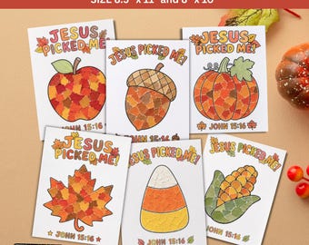 Set of 6,Jesus Picked Me Fall Torn Paper Bible Craft For Kids,Sunday School Activity,Preschool Kids Thanksgiving Craft, Pumpkin Acorn Corn