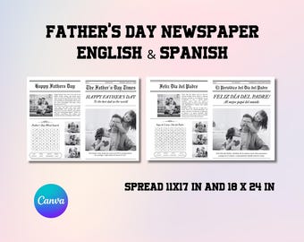 Father's Day Newspaper Template: DIY Printable Card, English & Spanish (Canva Editable, Digital Download)