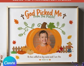 Editable Fall Pumpkin Craft Printable,Christian Kids Photo Craft,God Picked Me Classroom Activity,Canva Template,Thanksgiving Bible Craft
