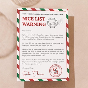 May include: A Christmas-themed letter with a red and green border. The text reads "Nice List Warning" and is signed by Santa Claus. Includes a North Pole seal and a date stamp for December 18, 2025.