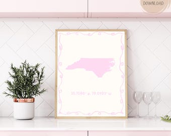 North Carolina State Wall Art | Graphic Wall Art | Printable Wall Art | Pink Wall Art Print | Framed Room Decor | State Trendy Wall Art