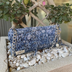 Denim Wave-Handmade Bag, Crochet Bag, Hand Knitted Bag, Combed Yarn Shoulder Bag, T-Shirt Yarn Bag