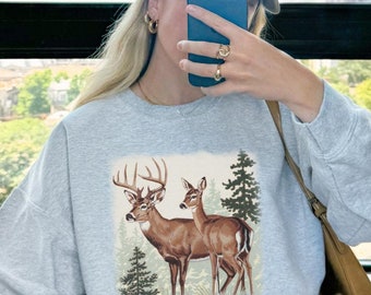 90s Aesthetic Vintage Deer Crewneck | Retro Buck Sweatshirt | Vintage Whitetail Deer Hunting Sweater | Forest Scene Crewneck Gift for Her