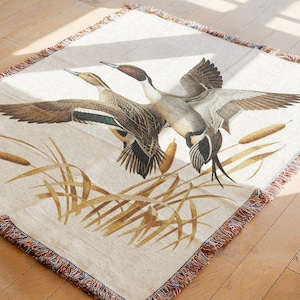 Northern Pintail Duck Throw Blanket | Cozy Cotton Woven Throw Blanket Hunting Cabin Living Room Decor | Dabbling Duck Rustic Woodland Decor