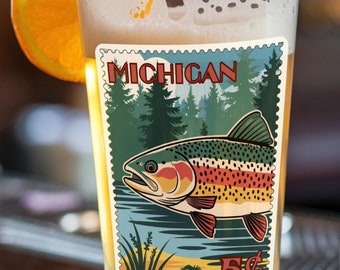 Rainbow Trout Fishing Beer Glass | Michigan Stamp Pint Glass Gift for Fishermen | Fly Fishing Gift for Him | Cabin Glassware Lake House Gift