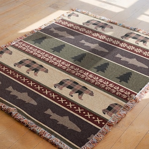 Log Cabin Throw Blanket with Bear & Fish | Rustic Hunting Lodge Blanket Cottage Living Room Decor | Primitive Plaid Cozy Cotton Bedding Gift