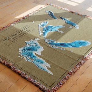 Great Lakes Woven Throw Blanket | Nautical Hydrographic Map Blanket Gift | Michigan Superior Huron Ontario Erie Fresh Water Lakes Blanket