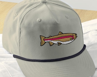 Cappello con corda per trota iridea / Regali vintage ricamati per la pesca alla trota per pescatori / Cappellino snapback retrò per la pesca a mosca / Cappellino con corda per golf con trota di lago in regalo