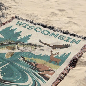 Wisconsin Cabin Woven Throw Blanket | Walleye Fishing Gift for Fishermen | Wisconsin Hunting Cabin Blanket | Walleye Fishing Blanket for Him